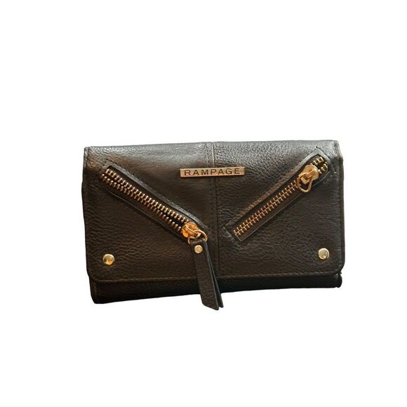 Rampage Black Faux Leather Wallet With Gold Zippers & Snap Closure 7.5" x 4.5" * - Picture 7 of 11